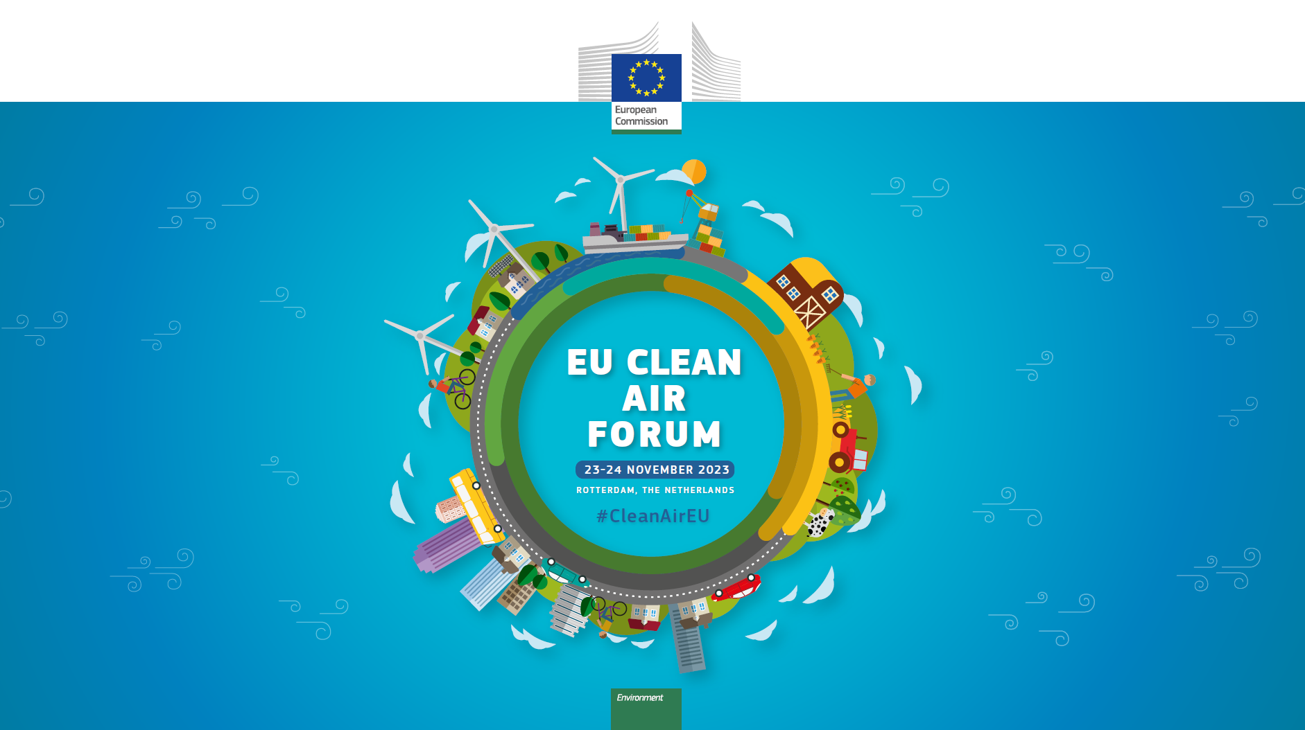 EU Clean Air Forum poster depicting buildings, houses, vehicles, trees and wind generators.