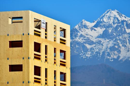 Building with mountain backdrop. 