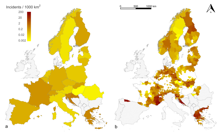 Wolf depredation incident density per country across four years