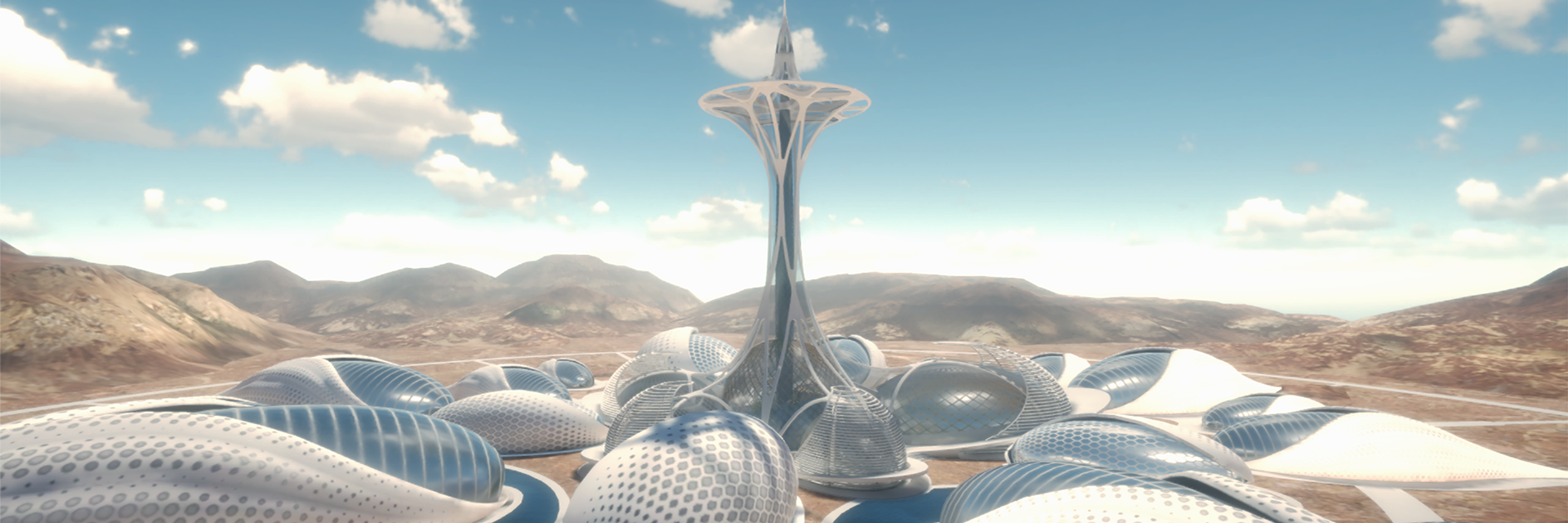 Barren landscape with futuristic constructions.