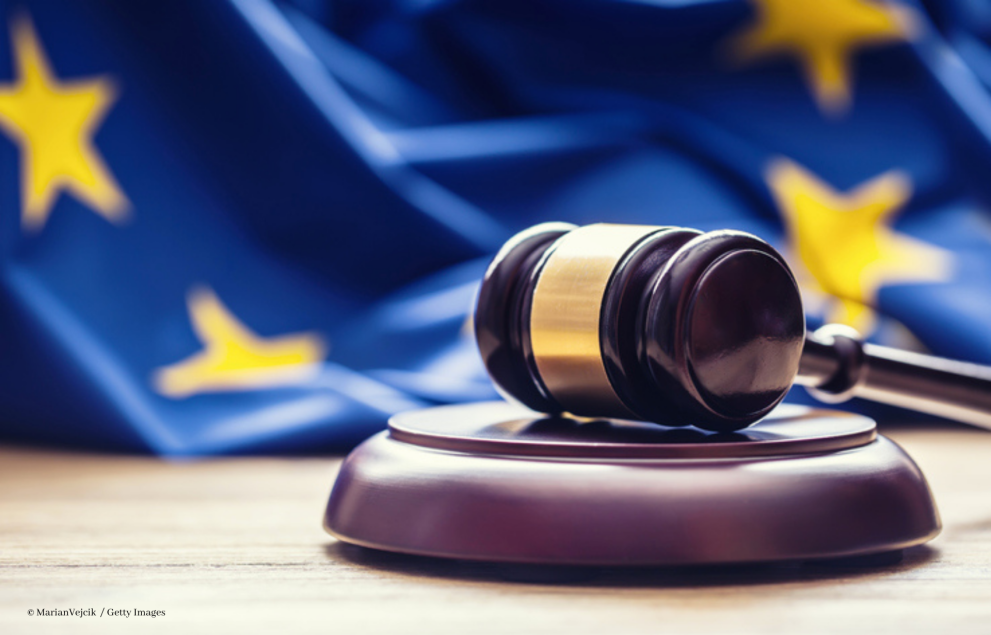 Image of gavel in front of European flag 
