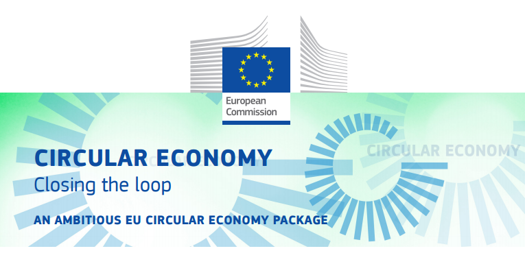 EU Circular Economy poster; blue spiral motifs on light green background.