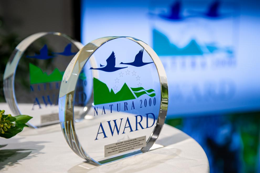 Natura 2000 glass award depicting blue birds, green motifs and the EU stars logo.