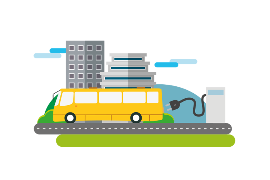 Drawing of bus, EV charger and buildings.