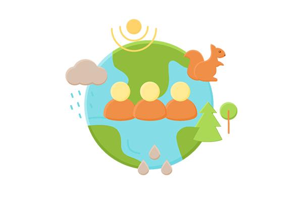 Globe depicting humans, trees, squirrel, sun, cloud, and water droplets.