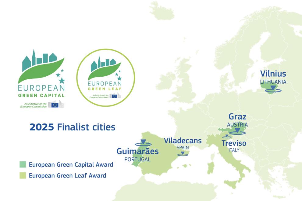 'European Green Capital' poster with map of Europe and names of cities in blue letters.