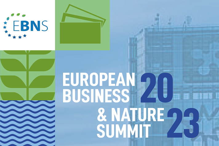 Text reading European Business and Nature Summit on blue background
