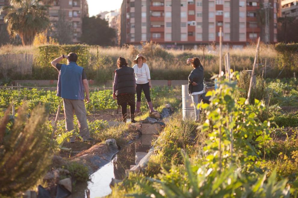A group of people standing in an urban garden in Valencia