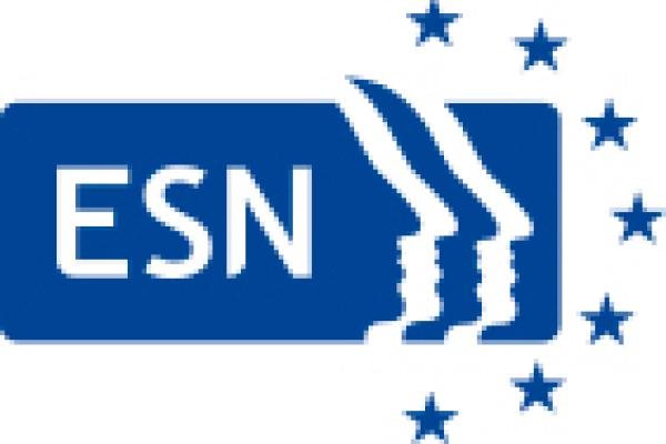"ESN" logo: corporate name in white letters on blue background, with blue stars in white background.