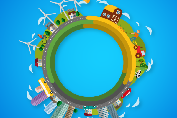 Buildings, houses, vehicles, trees and wind generators on green and yellow circle.