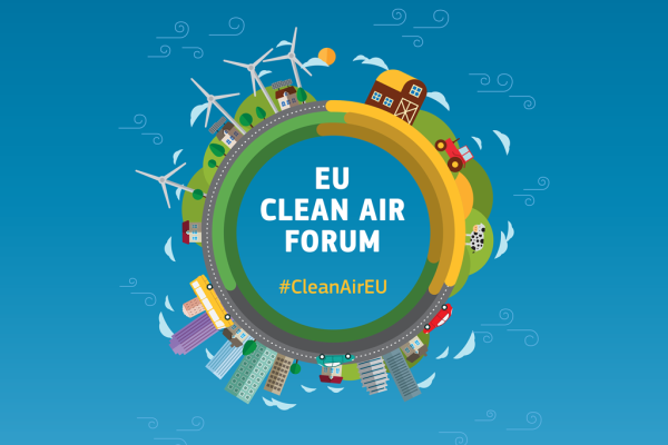 EU Clean Air Forum poster depicting buildings, houses, vehicles, trees and wind generators.