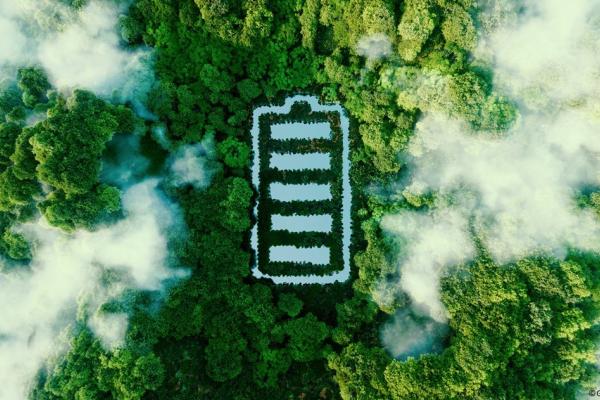 Image of battery seen from above, created out of trees in a thick forest.