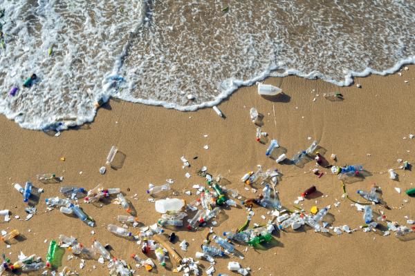 Aerial view of plastic pollution on a beach